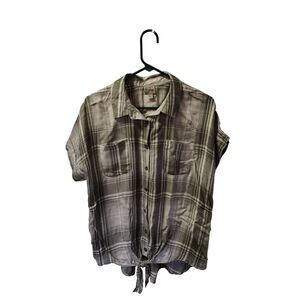 Como Vintage Women's Large Green Plaid‎ Button Up Front Tie Short Sleeve Shirt